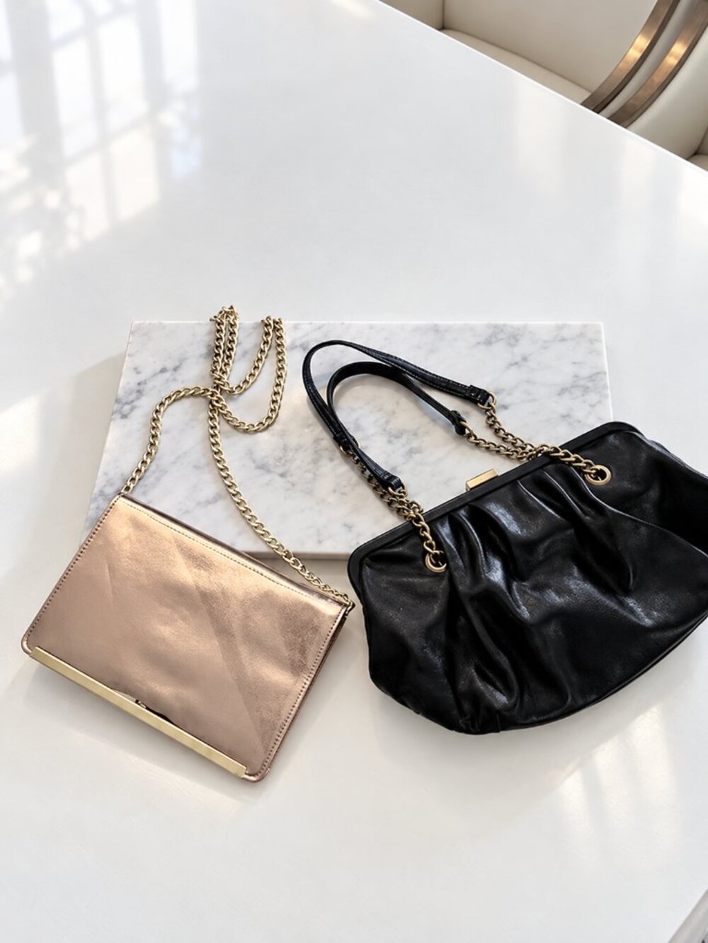 Set of 2 Evening Purses - Metallic rose-gold clutch & Soft black gathered purse